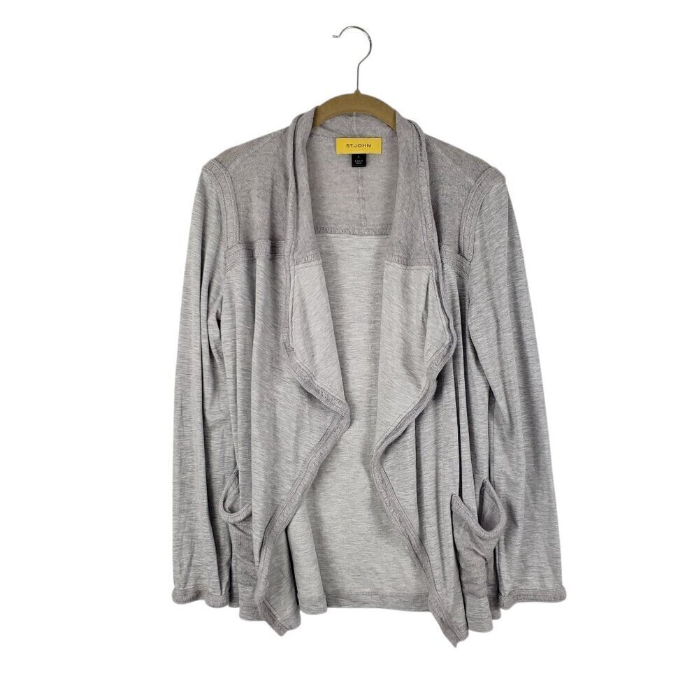 St. John Open Front Cardigan Gray Wool Contrast Drape Collar Womens Size Small